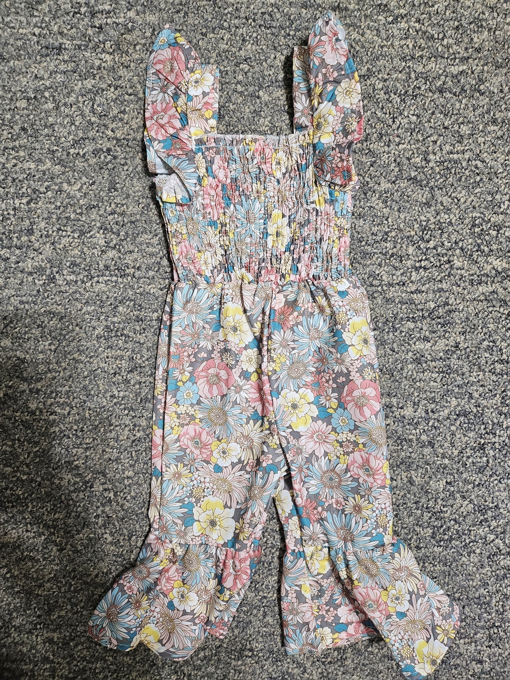 SHEIN Pink Blue Yellow Floral Ruffled Smocked One-Piece